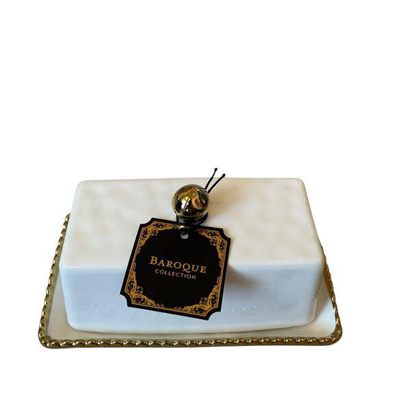Baroque Covered Butter Dish 7in White Ceramic w/ Gold Beaded Trim Glam NEW - Picture 15 of 15